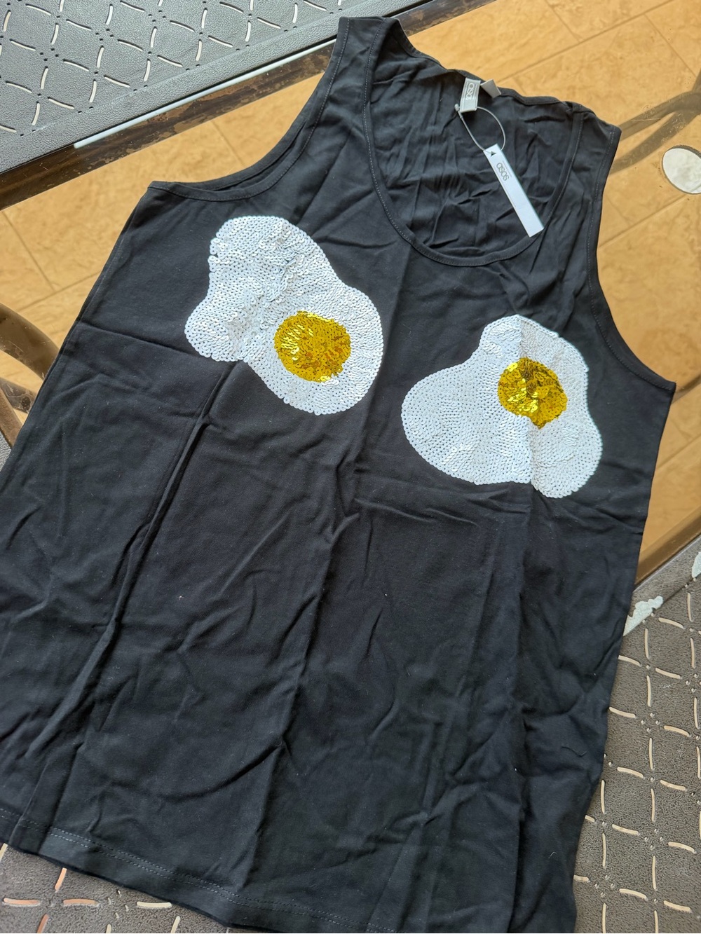ASOS Black Sequin Egg Graphic Tank Top